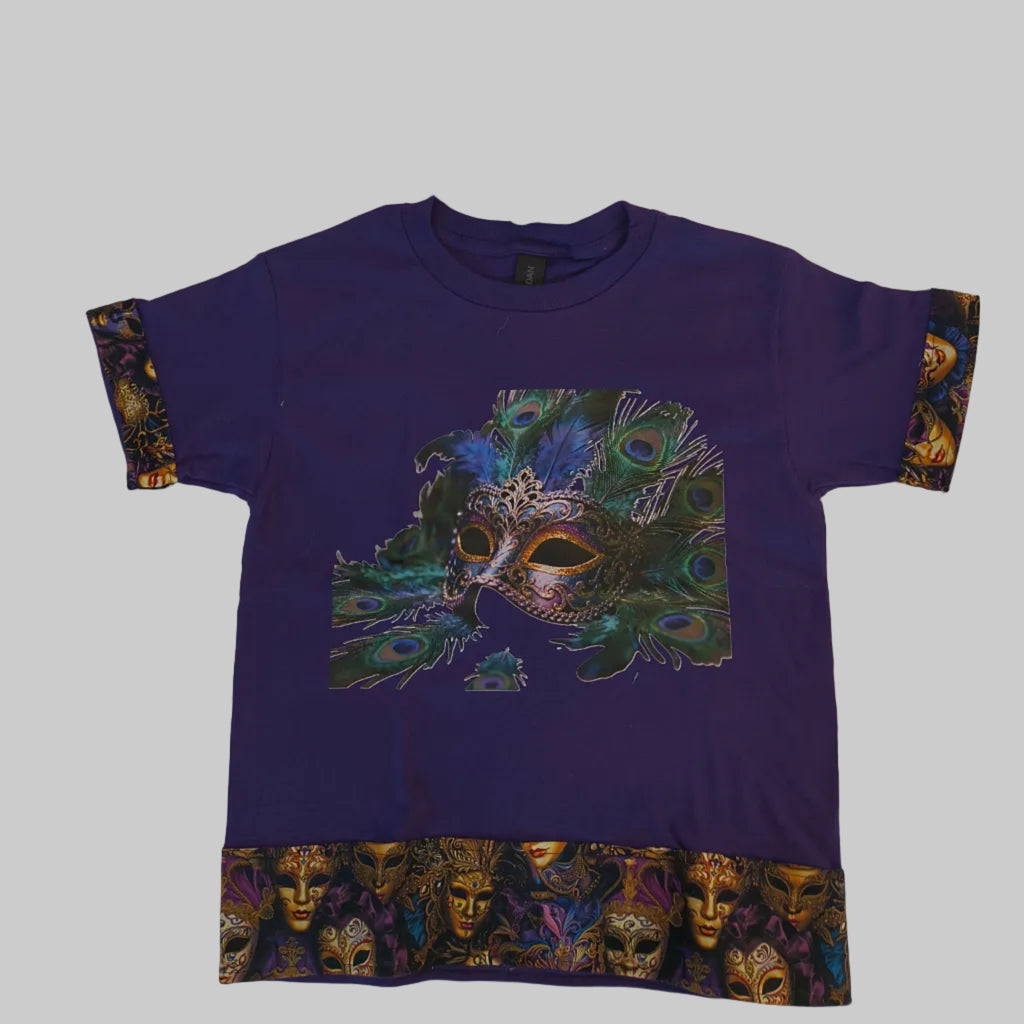 Short Sleeve T-Shirt, purple, 100% cotton, beautiful Peacock mask graphic with artist designed cotton trim on arms and bottom hem.