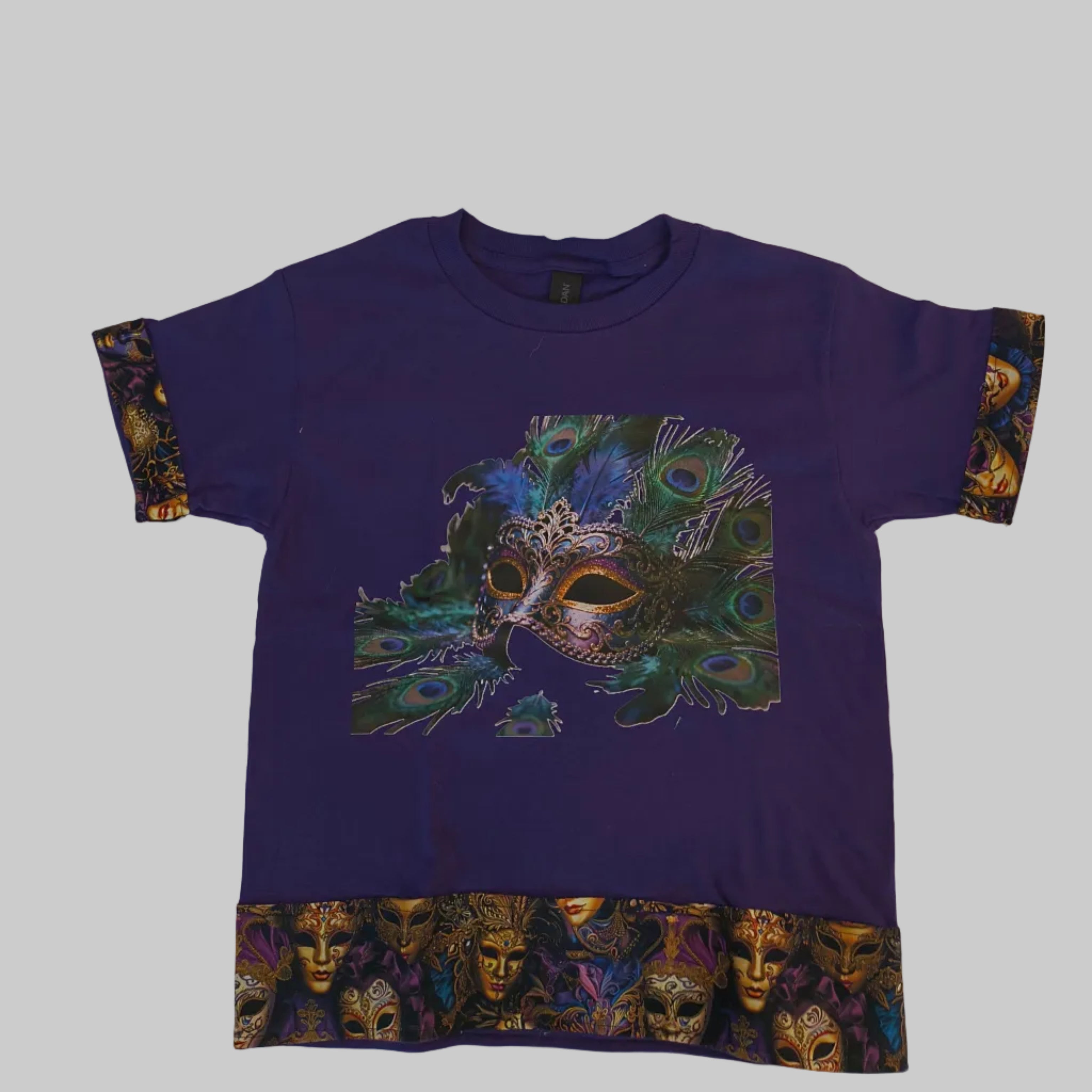 Short Sleeve T-Shirt, purple, 100% cotton, beautiful Peacock mask graphic with artist designed cotton trim on arms and bottom hem.