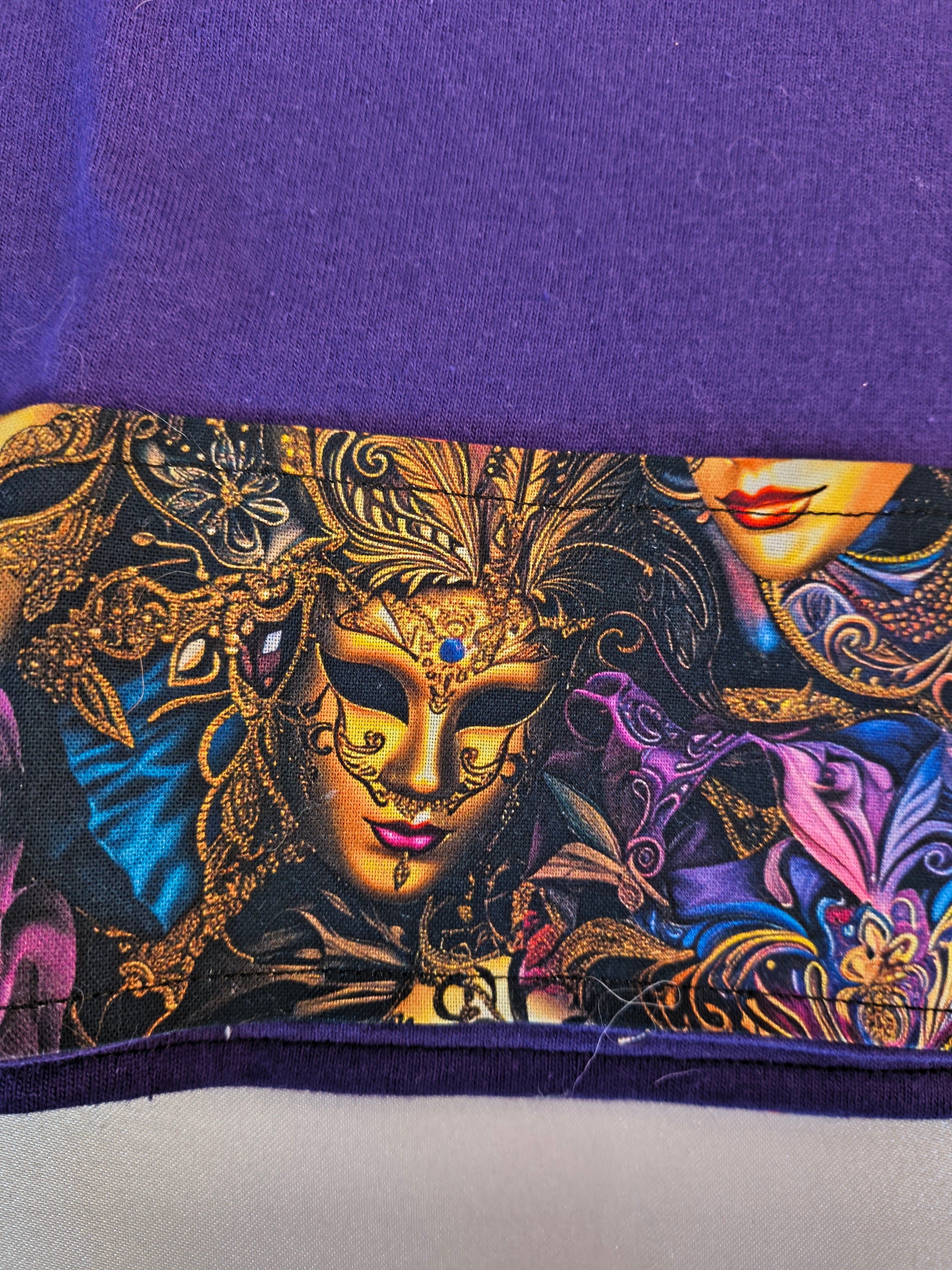 Short Sleeve T-Shirt, purple, 100% cotton, beautiful Peacock mask graphic with artist designed cotton trim on arms and bottom hem.