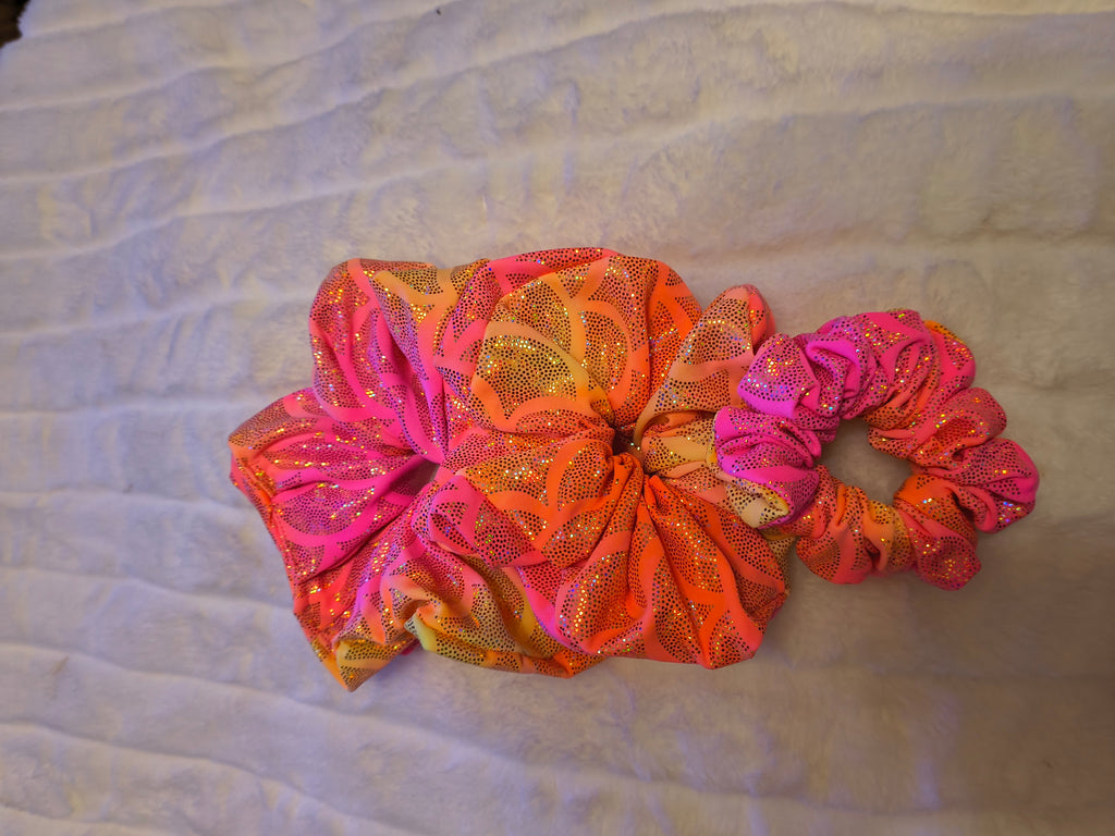 Scrunchie, hair accessory, 3 pack one sm/md/lg scrunchie, in pink, orange, and yellow with gold sparkles