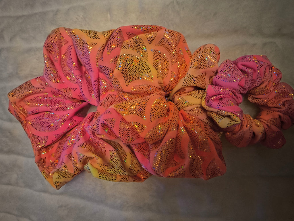 Scrunchie, hair accessory, 3 pack one sm/md/lg scrunchie, in pink, orange, and yellow with gold sparkles