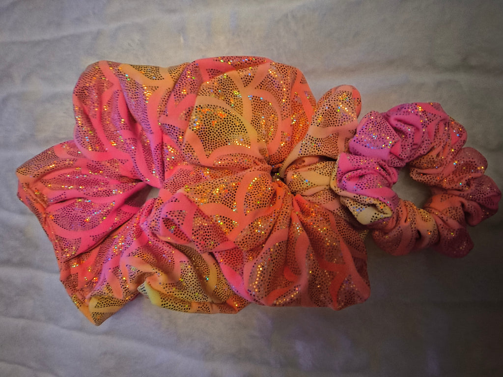 Scrunchie, hair accessory, 3 pack one sm/md/lg scrunchie, in pink, orange, and yellow with gold sparkles