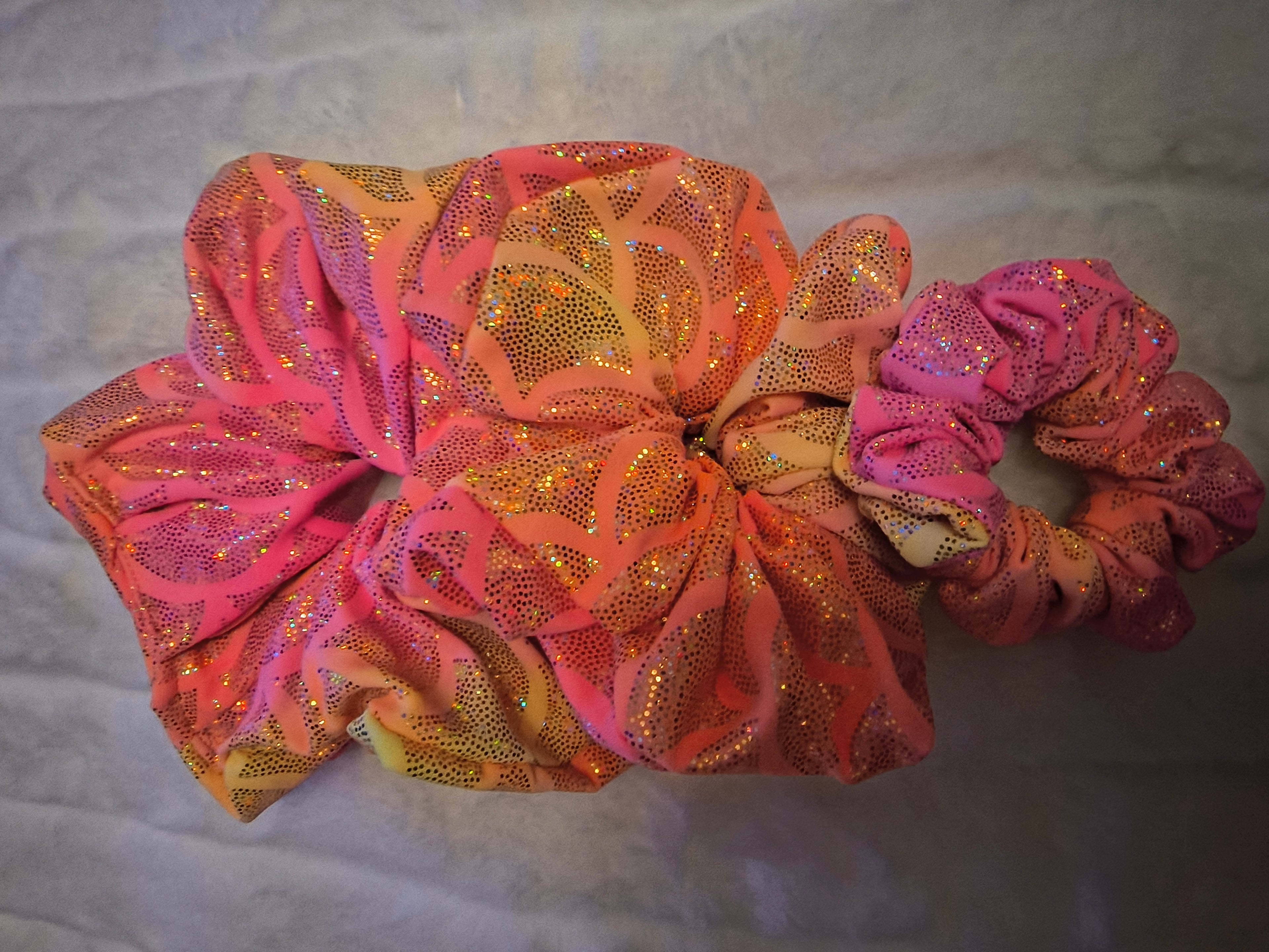 Scrunchie, hair accessory, 3 pack one sm/md/lg scrunchie, in pink, orange, and yellow with gold sparkles