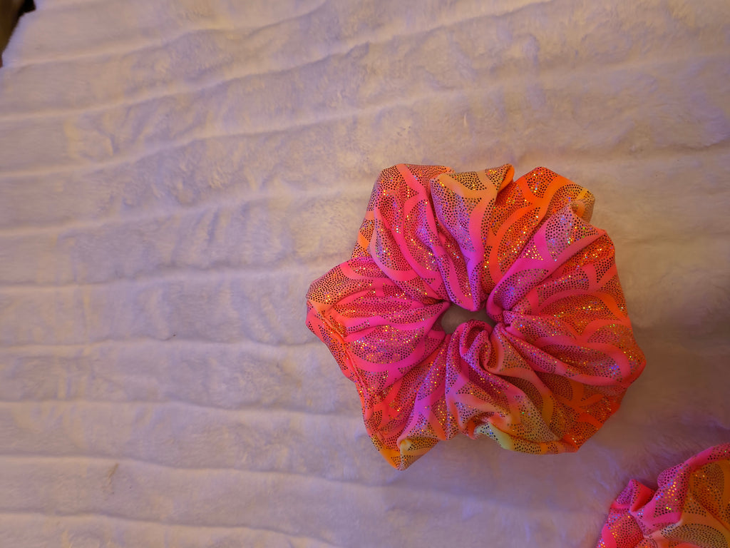 Scrunchie, hair accessory, 3 pack one sm/md/lg scrunchie, in pink, orange, and yellow with gold sparkles
