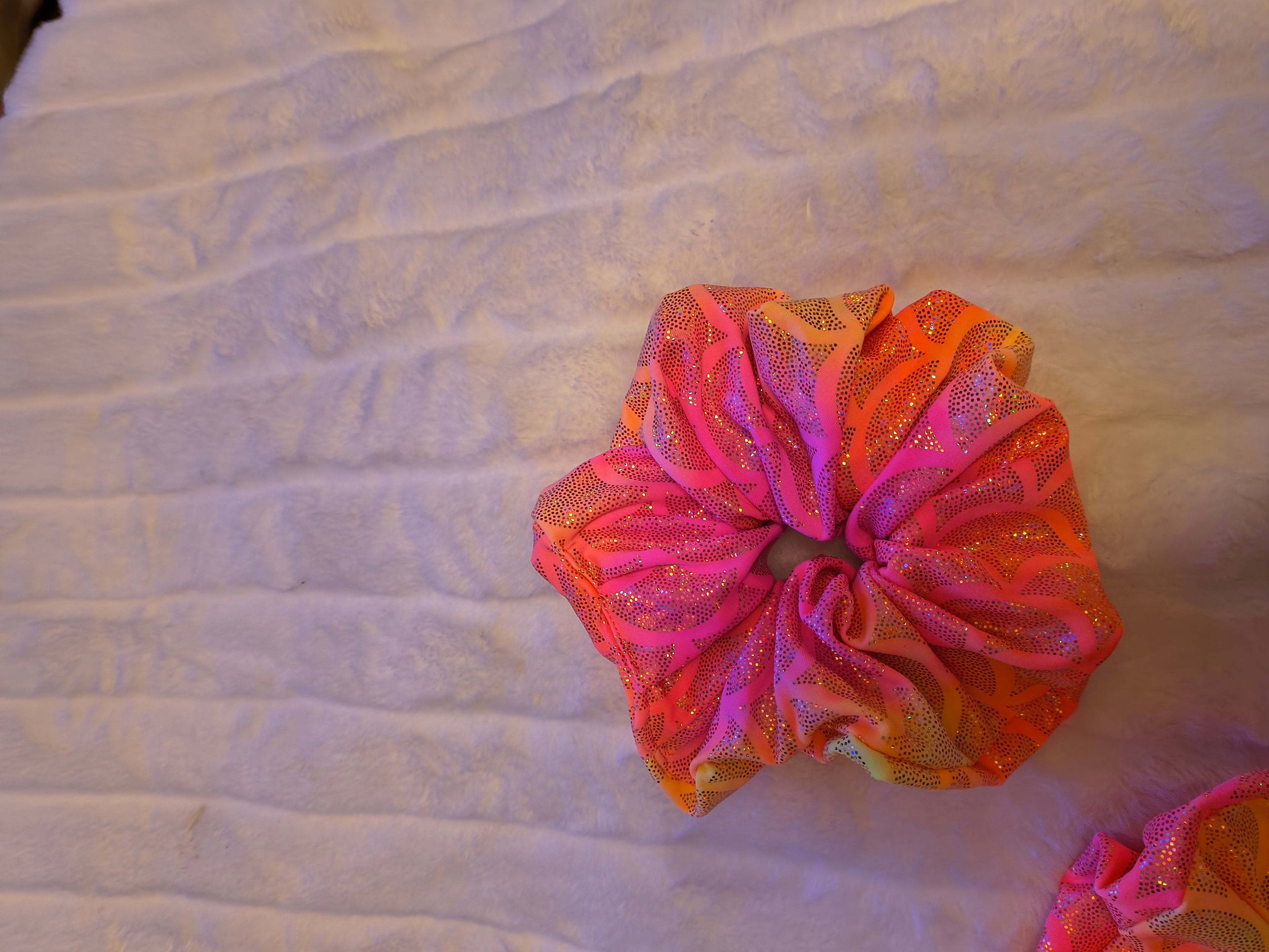 Scrunchie, hair accessory, 3 pack one sm/md/lg scrunchie, in pink, orange, and yellow with gold sparkles