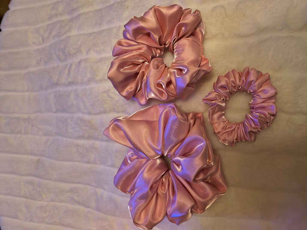 Scrunchie Set, hair accessory to secure hair, pink satin, three sizes in set