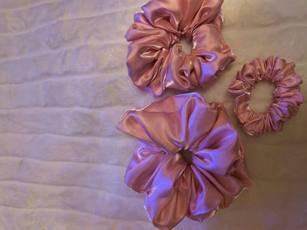 Scrunchie Set, hair accessory to secure hair, pink satin, three sizes in set