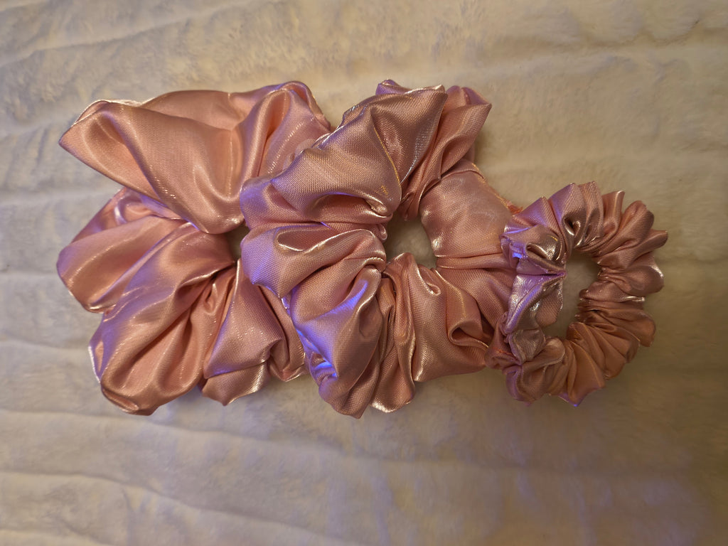 Scrunchie Set, hair accessory to secure hair, pink satin, three sizes in set