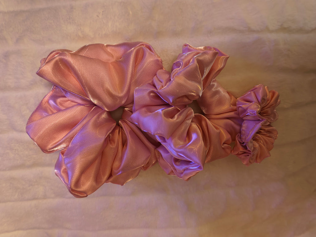 Scrunchie Set, hair accessory to secure hair, pink satin, three sizes in set