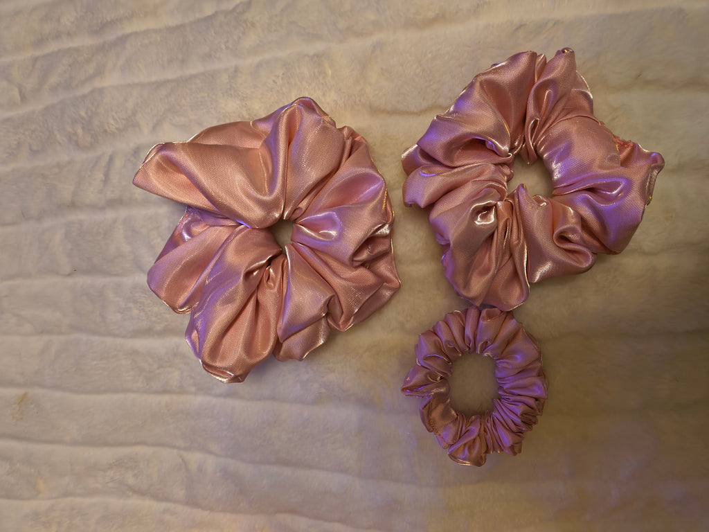 Scrunchie Set, hair accessory to secure hair, pink satin, three sizes in set