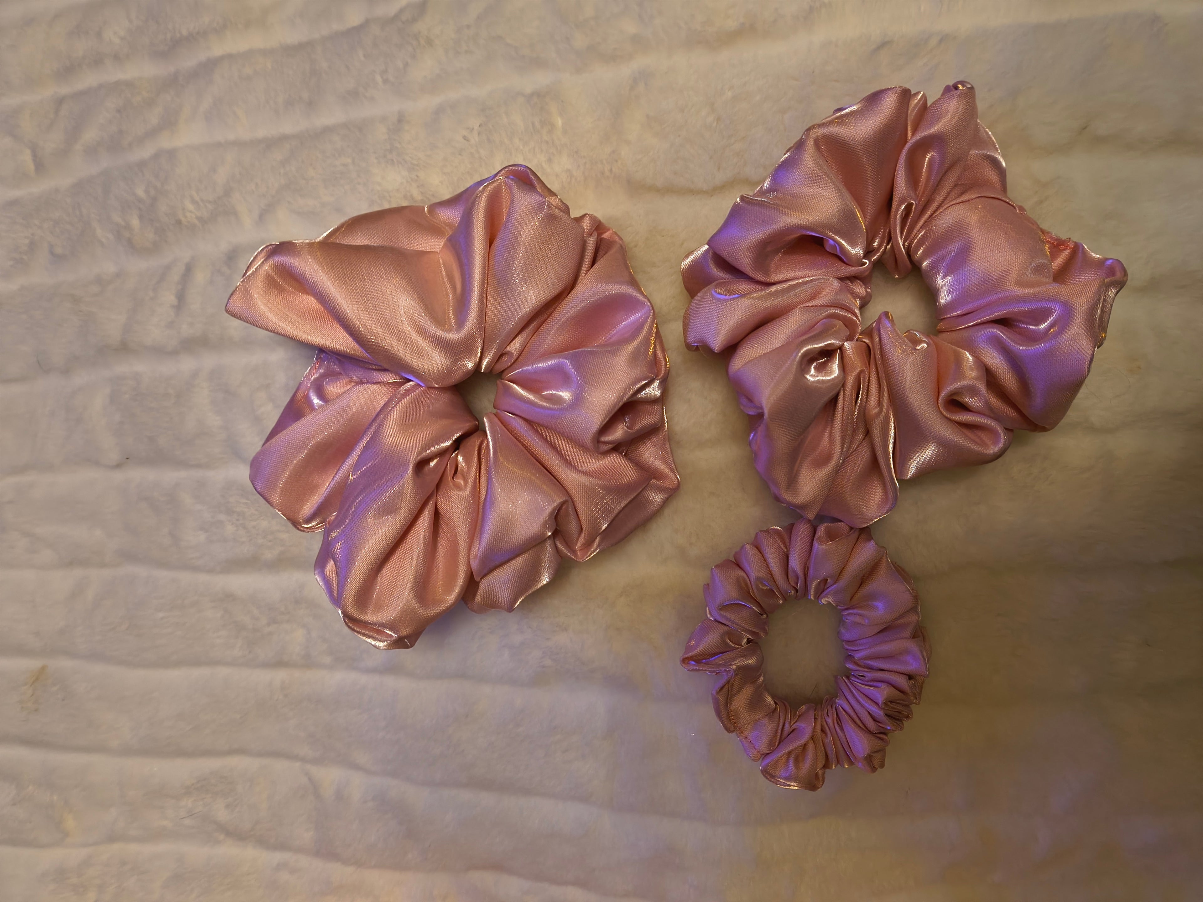 Scrunchie Set, hair accessory to secure hair, pink satin, three sizes in set