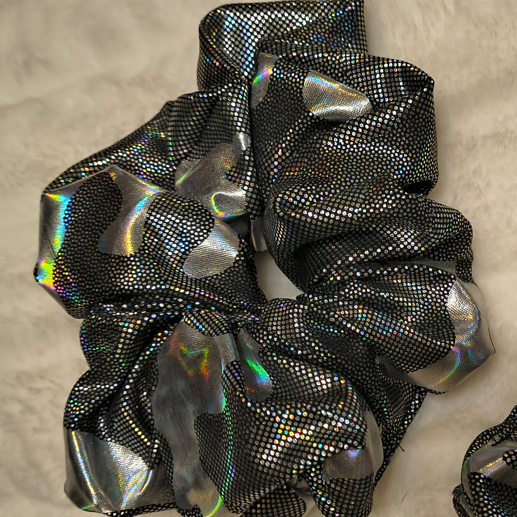Scrunchie, hair accessory, set of three (sm, md, and lg), Black and silver camouflage material, the silver shines in the light