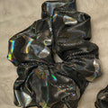 Scrunchie, hair accessory, set of three (sm, md, and lg), Black and silver camouflage material, the silver shines in the light