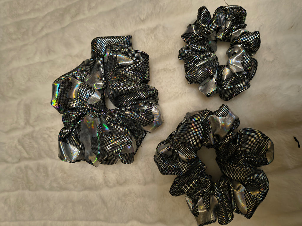Scrunchie, hair accessory, set of three (sm, md, and lg), Black and silver camouflage material, the silver shines in the light