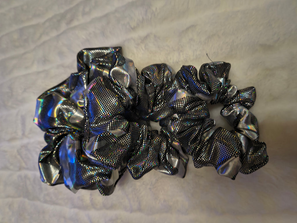 Scrunchie, hair accessory, set of three (sm, md, and lg), Black and silver camouflage material, the silver shines in the light