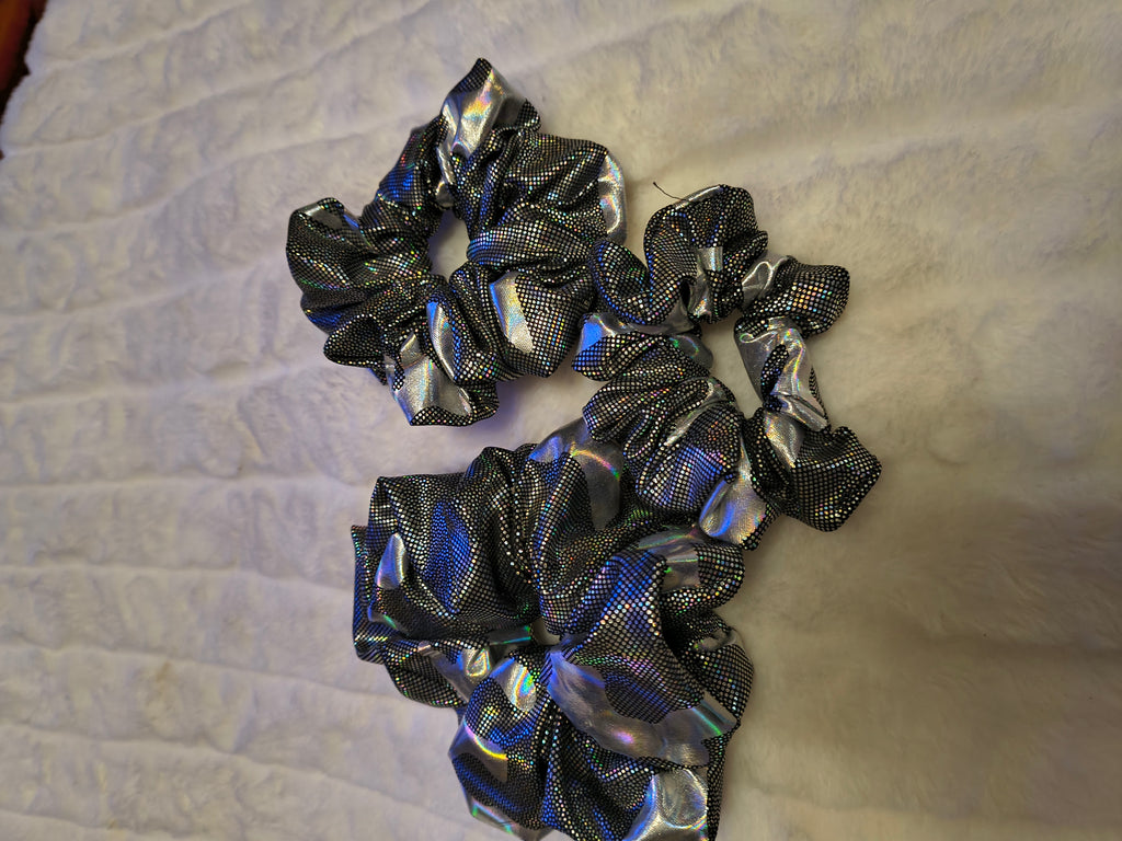Scrunchie, hair accessory, set of three (sm, md, and lg), Black and silver camouflage material, the silver shines in the light
