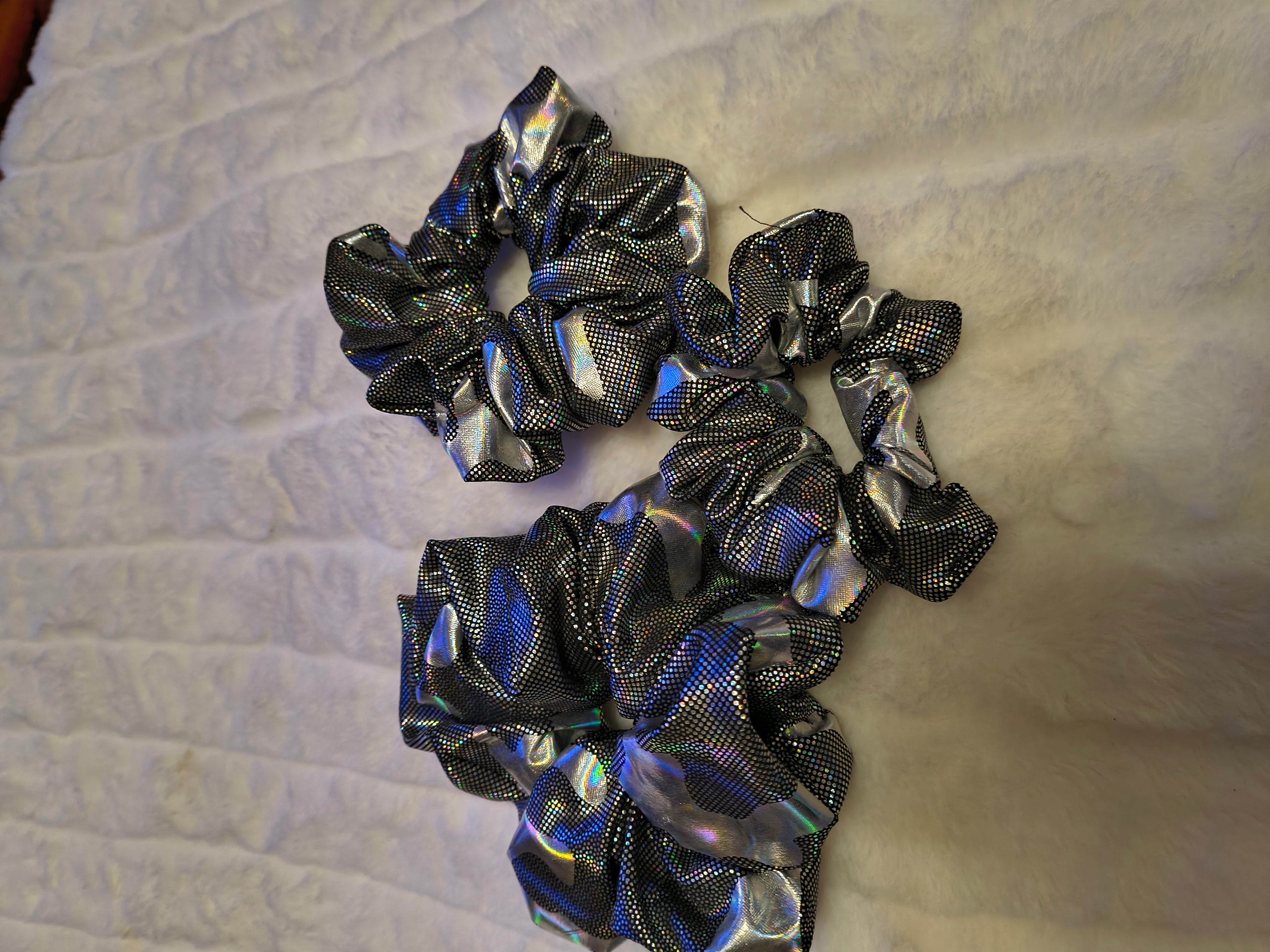 Scrunchie, hair accessory, set of three (sm, md, and lg), Black and silver camouflage material, the silver shines in the light