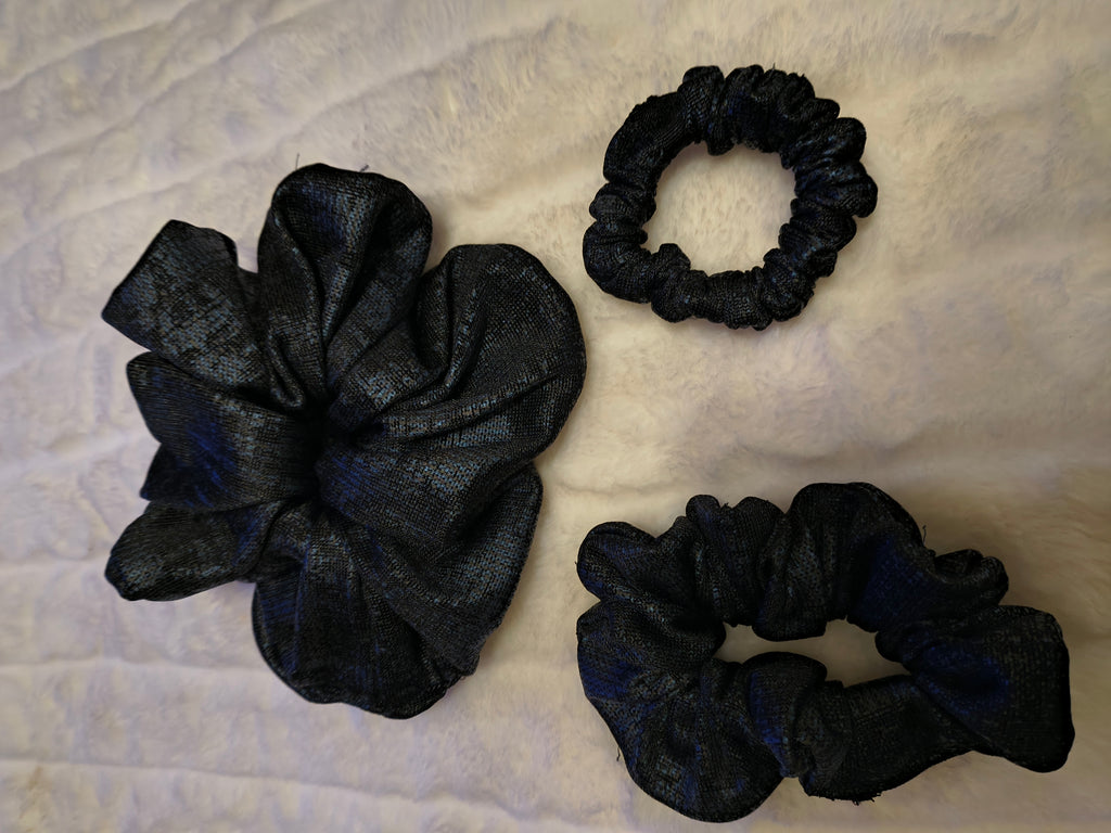 Scrunchie, hair accessory, three pack of one sm/md/lg scrunchie, in black hues of stone pattern