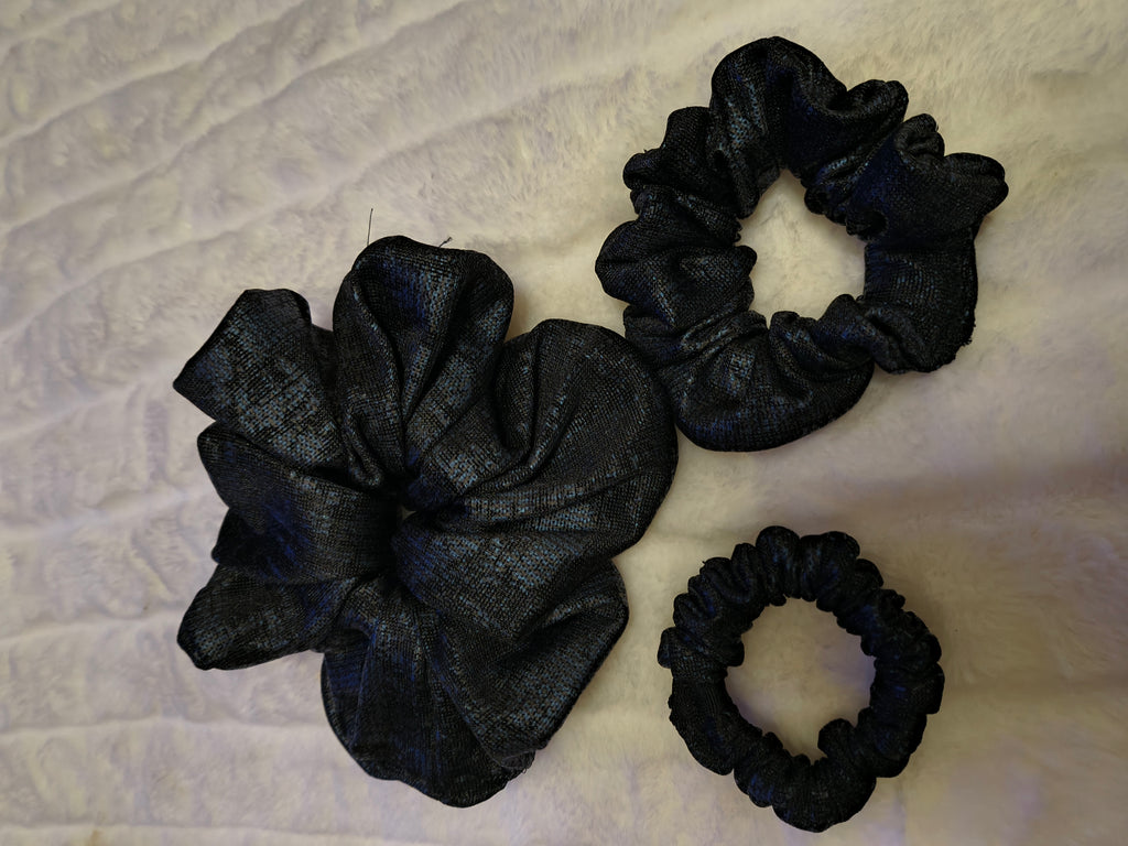 Scrunchie, hair accessory, three pack of one sm/md/lg scrunchie, in black hues of stone pattern