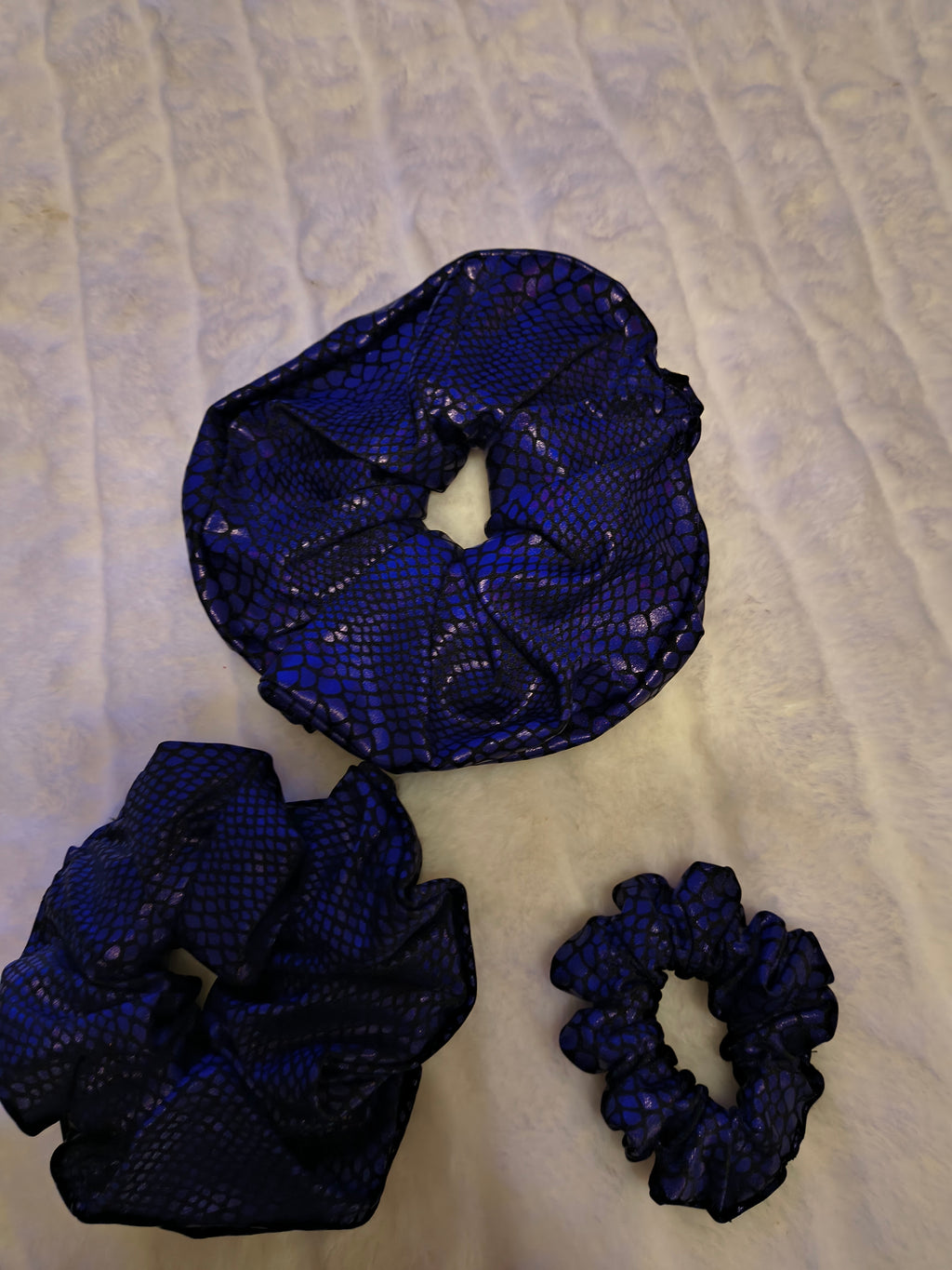 Scrunchie, hair accessory, 3 pack one sm/md/lg scrunchie in pack, deep purple animal print