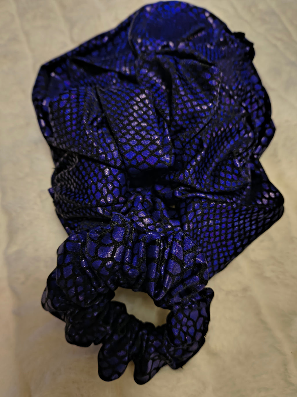 Scrunchie, hair accessory, 3 pack one sm/md/lg scrunchie in pack, deep purple animal print