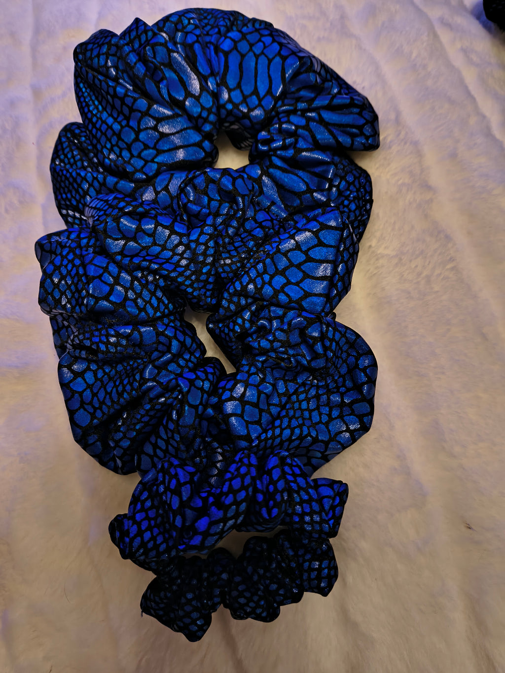 Scrunchie, hair accessory, 3 pack of one sm/md/lg scrunchie, in deep blue and black animal print