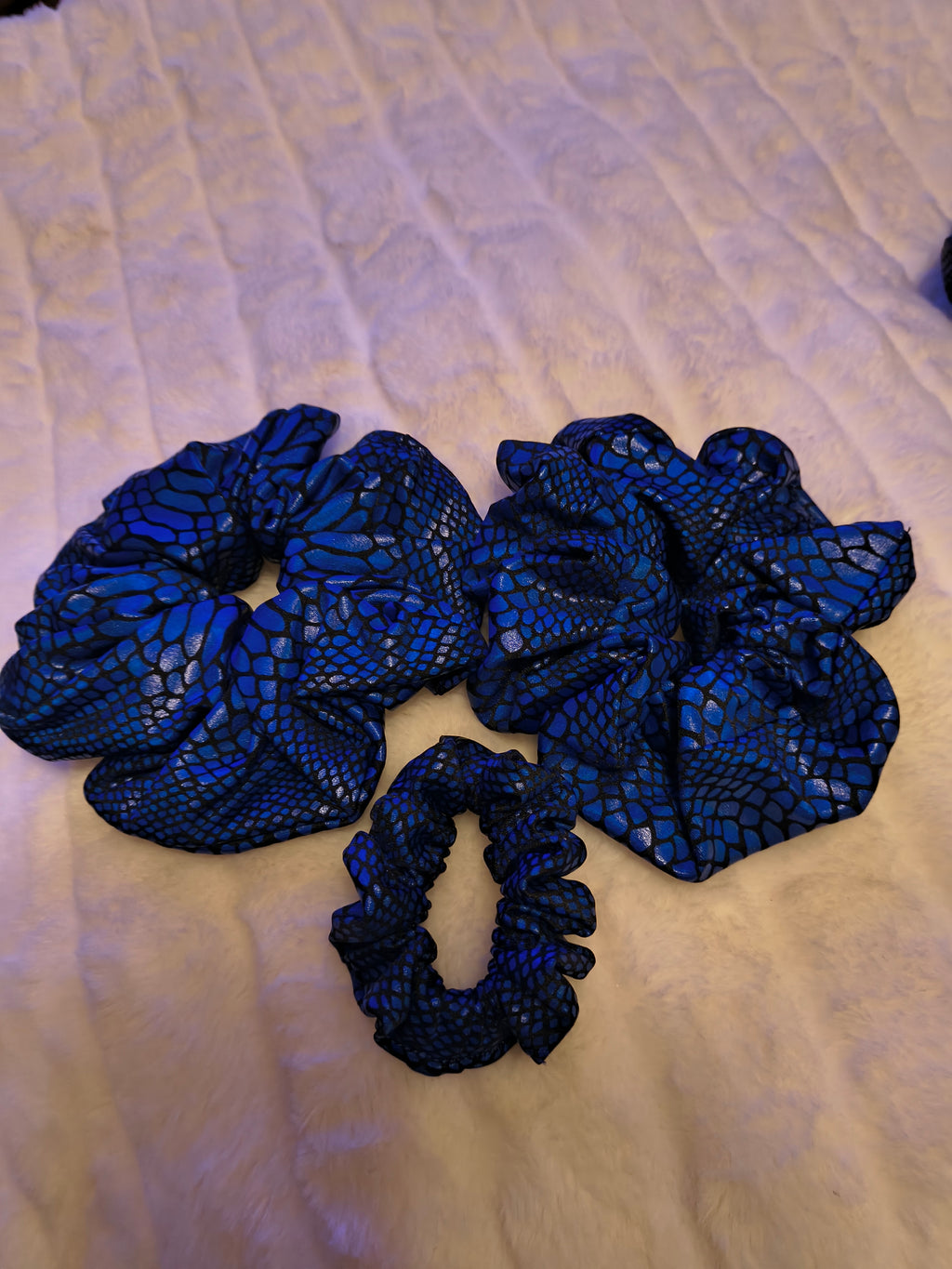 Scrunchie, hair accessory, 3 pack of one sm/md/lg scrunchie, in deep blue and black animal print
