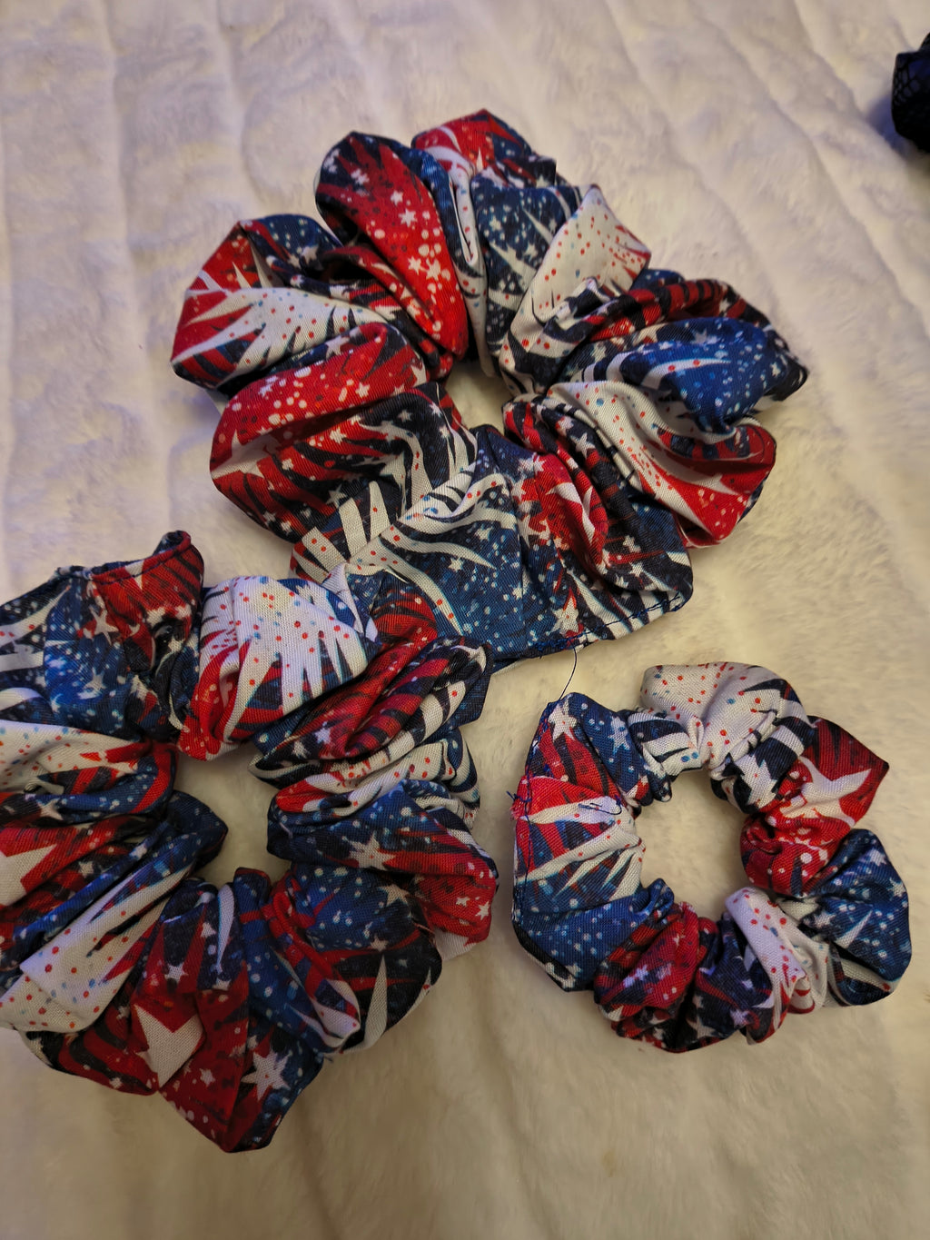 Scrunchie, hair accessory, 3 pack of one sm/md/large scrunchie, for festive 4th of July Holiday with stars of red, white, and blue