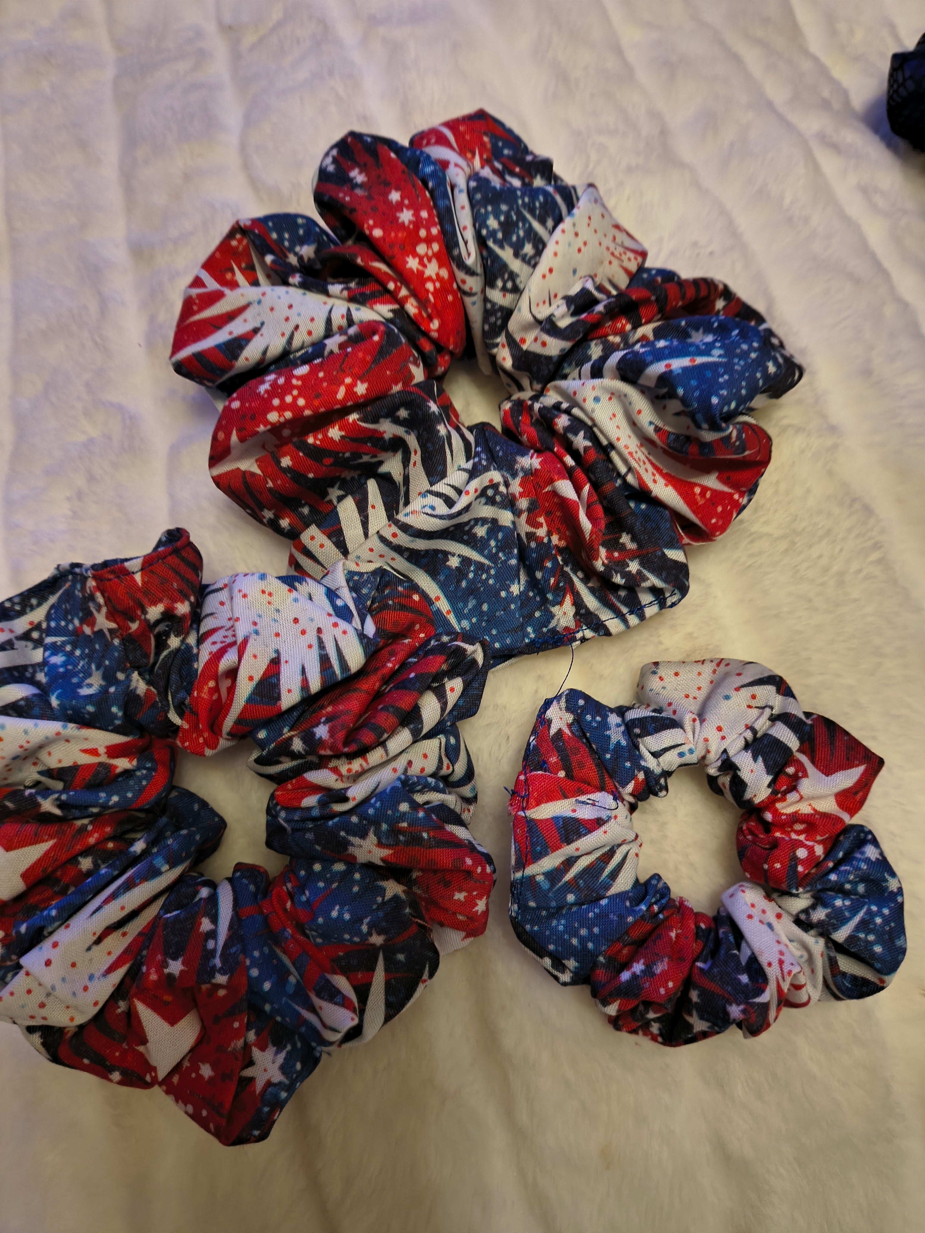 Scrunchie, hair accessory, 3 pack of one sm/md/large scrunchie, for festive 4th of July Holiday with stars of red, white, and blue