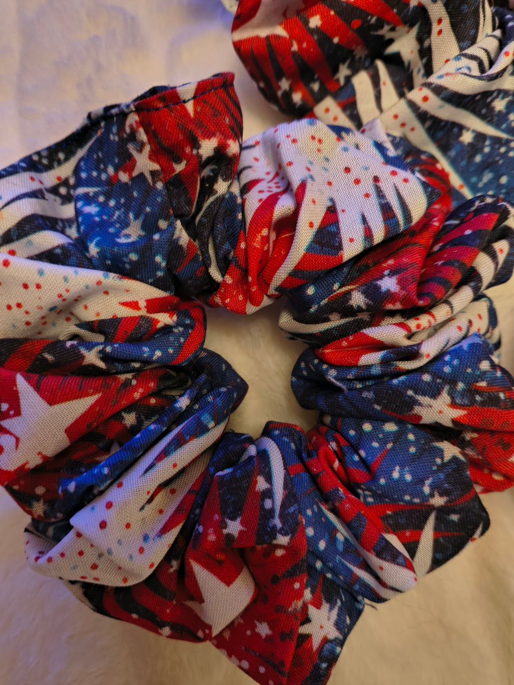Scrunchie, hair accessory, 3 pack of one sm/md/large scrunchie, for festive 4th of July Holiday with stars of red, white, and blue