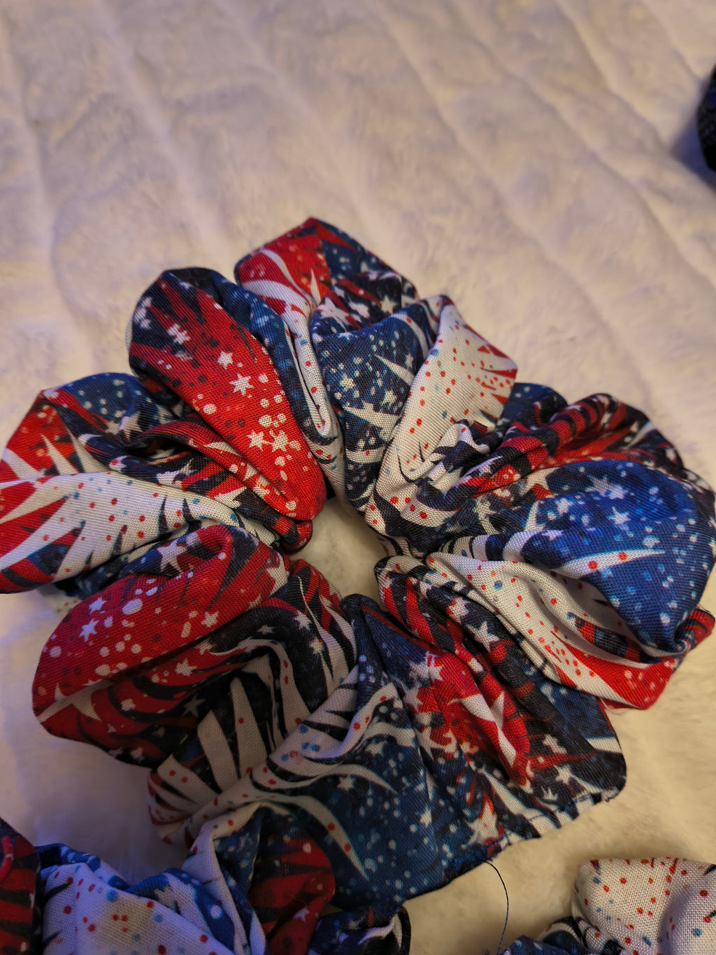 Scrunchie, hair accessory, 3 pack of one sm/md/large scrunchie, for festive 4th of July Holiday with stars of red, white, and blue