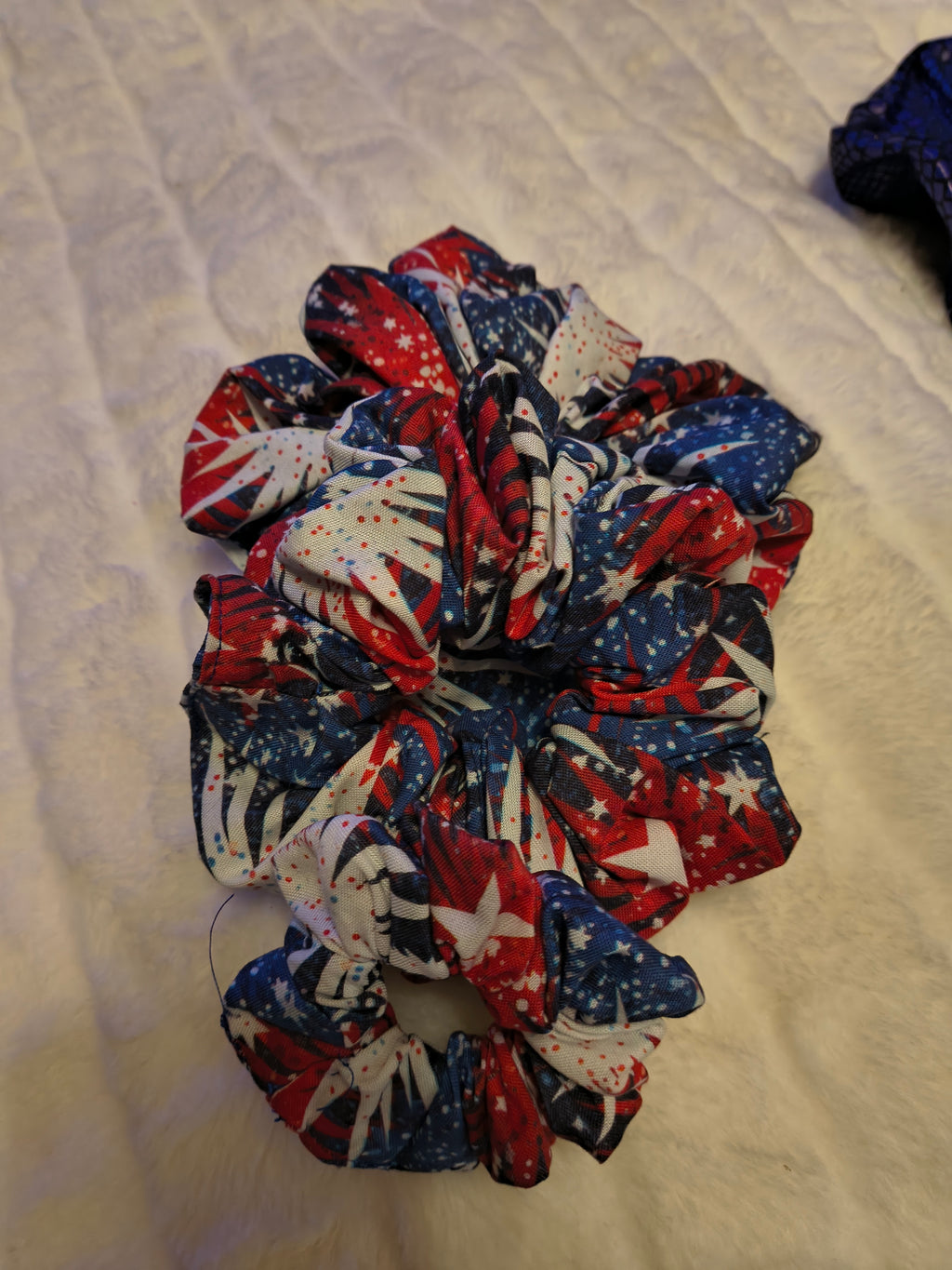 Scrunchie, hair accessory, 3 pack of one sm/md/large scrunchie, for festive 4th of July Holiday with stars of red, white, and blue