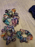 Scrunchie, hair accessory, 3 pk(sm,md, and lg), scallop pattern of beautiful blues, greens, yellows and more