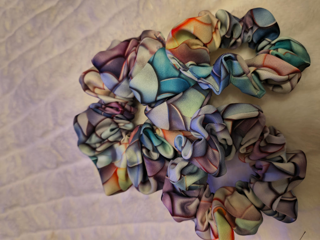 Scrunchie, hair accessory, 3 pk(sm,md, and lg), scallop pattern of beautiful blues, greens, yellows and more