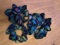Scrunchie, hair accessory, 3 pack including a small, medium and Large scrunchie in deep blues and a variegated colors
