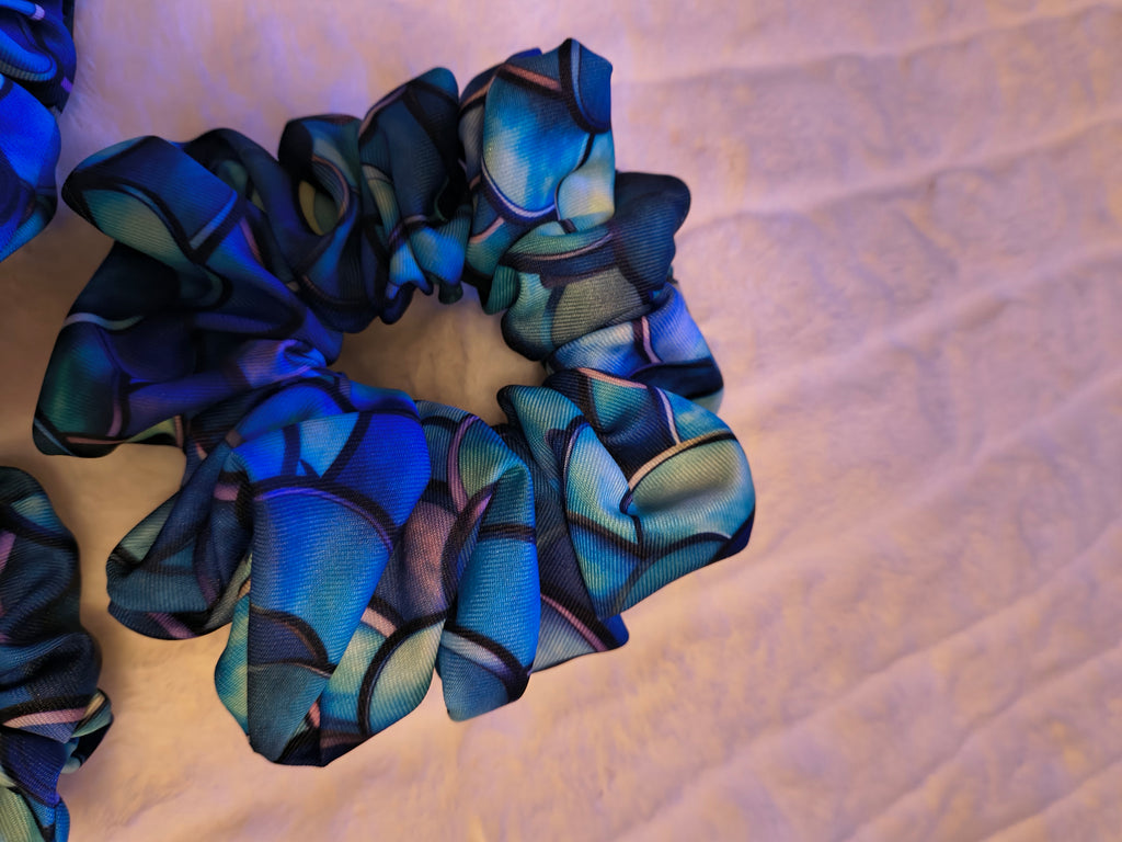 Scrunchie, hair accessory, 3 pack including a small, medium and Large scrunchie in deep blues and a variegated colors