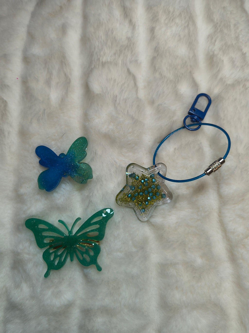 Hair Clip and Key Chain, 2 beautiful blue and green sparkle butterfly clips with a key chain added to set