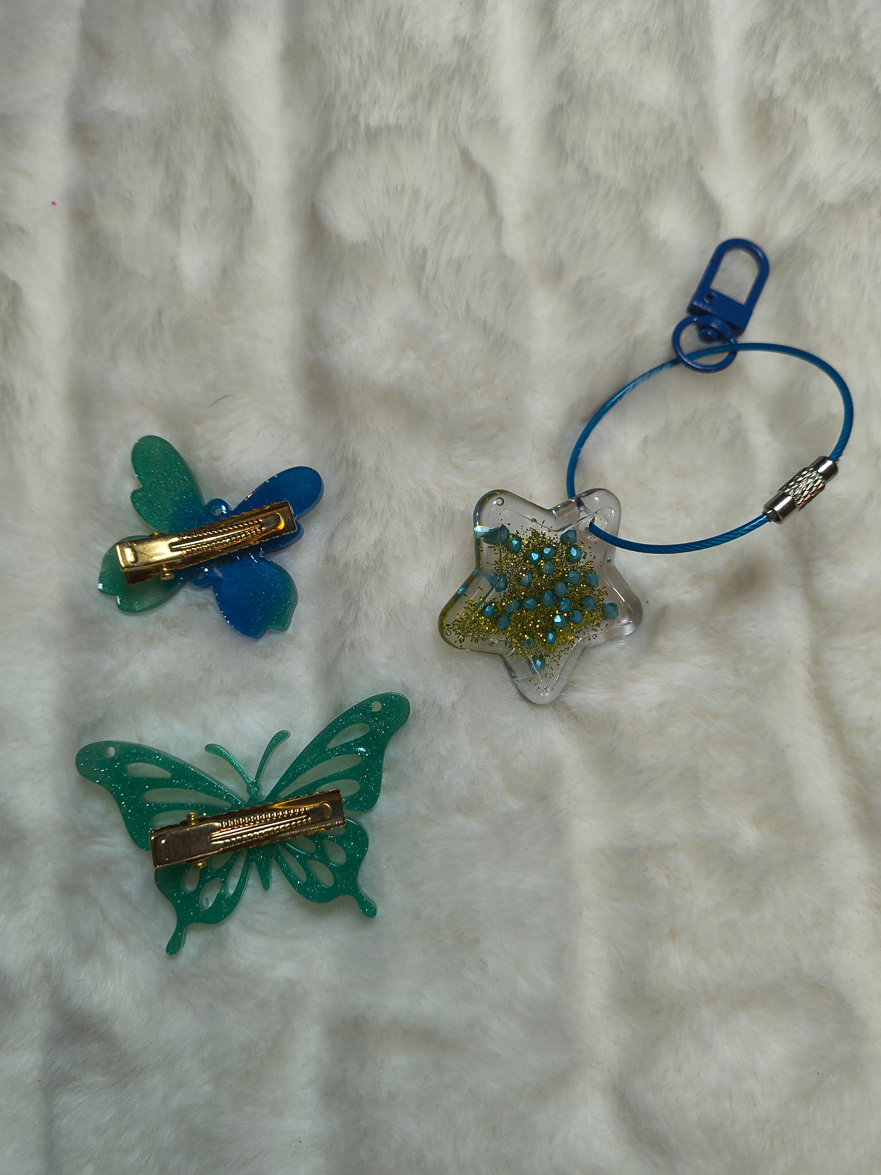 Hair Clip and Key Chain, 2 beautiful blue and green sparkle butterfly clips with a key chain added to set