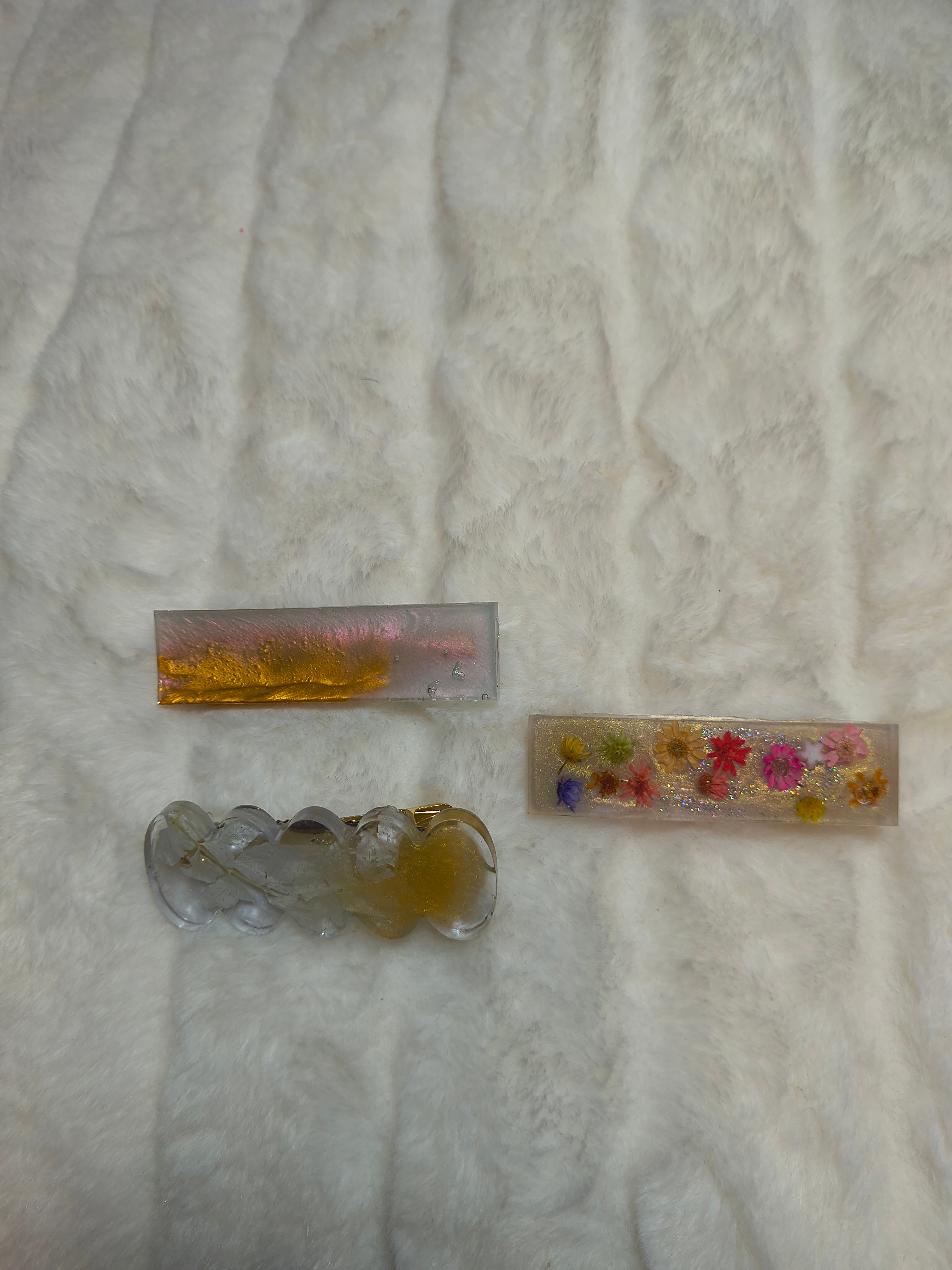 Hair Clip, 3 hair clips, each is unique, one has small flowers in the resin design, in shape and styles are different, sparkles