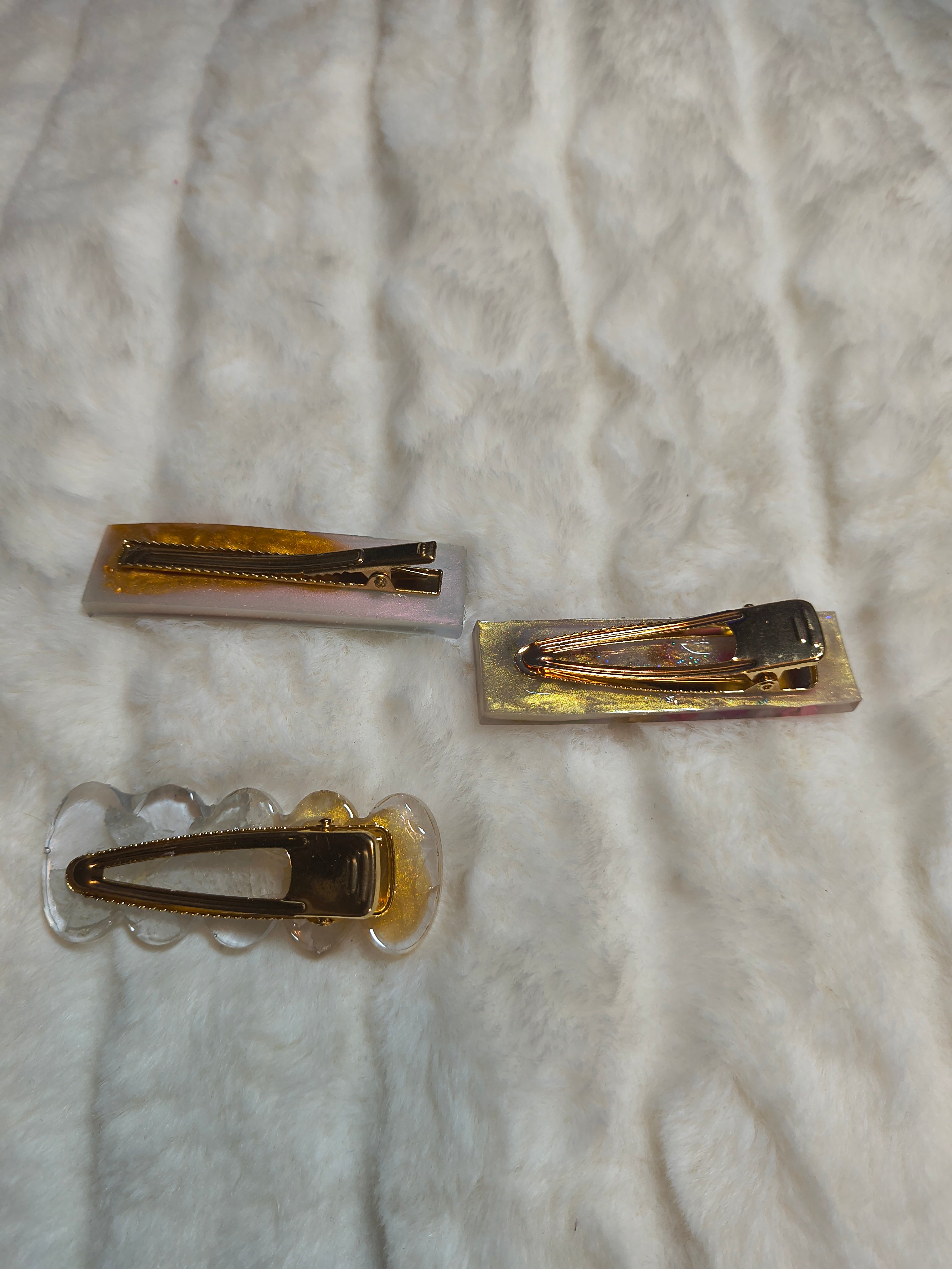 Hair Clip, 3 hair clips, each is unique, one has small flowers in the resin design, in shape and styles are different, sparkles
