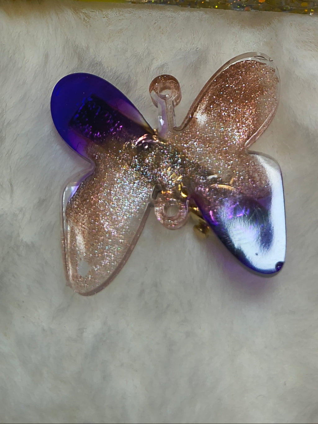 Hair Clips, Four in the set, three butterfly clips in multi color sparkled resin and one long clip yellow/gold sparkles