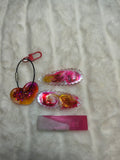 Hair Clips, three hair clips in beautiful pinks and gold.  Two match in style and color, with a heart shaped Keychain in a sparkles, all are resin