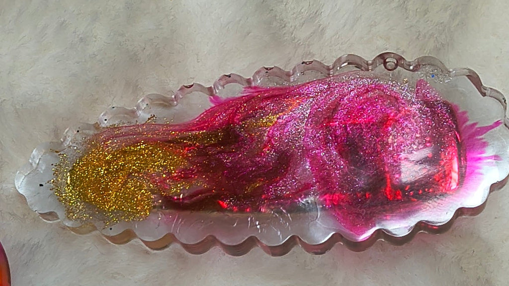Hair Clips, three hair clips in beautiful pinks and gold.  Two match in style and color, with a heart shaped Keychain in a sparkles, all are resin