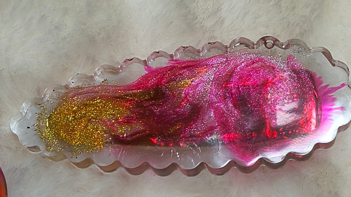 Hair Clips, three hair clips in beautiful pinks and gold.  Two match in style and color, with a heart shaped Keychain in a sparkles, all are resin