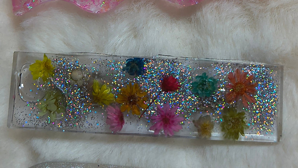Hair Clips. Set of four, Variety pack, pinks and whites, one with flowers, all resin
