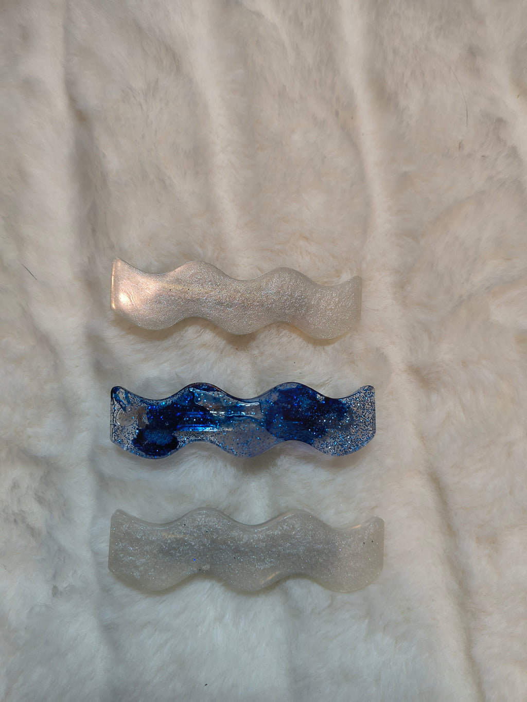 Hair Clips, three in pack, One in deep blue with sparkles and  two in white opal sparkles