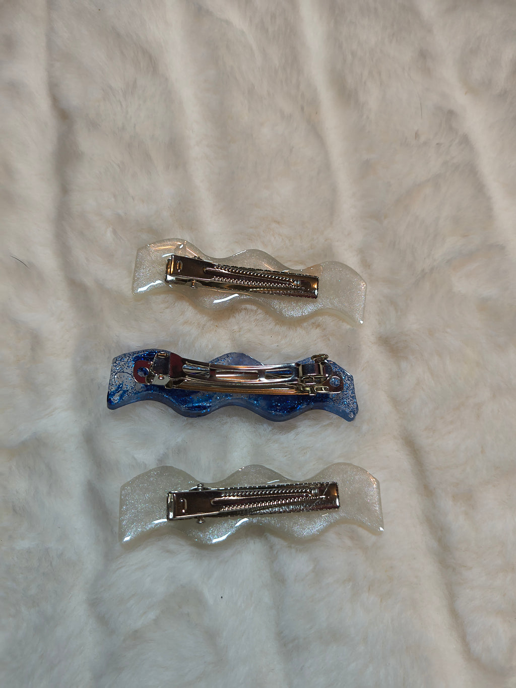 Hair Clips, three in pack, One in deep blue with sparkles and  two in white opal sparkles