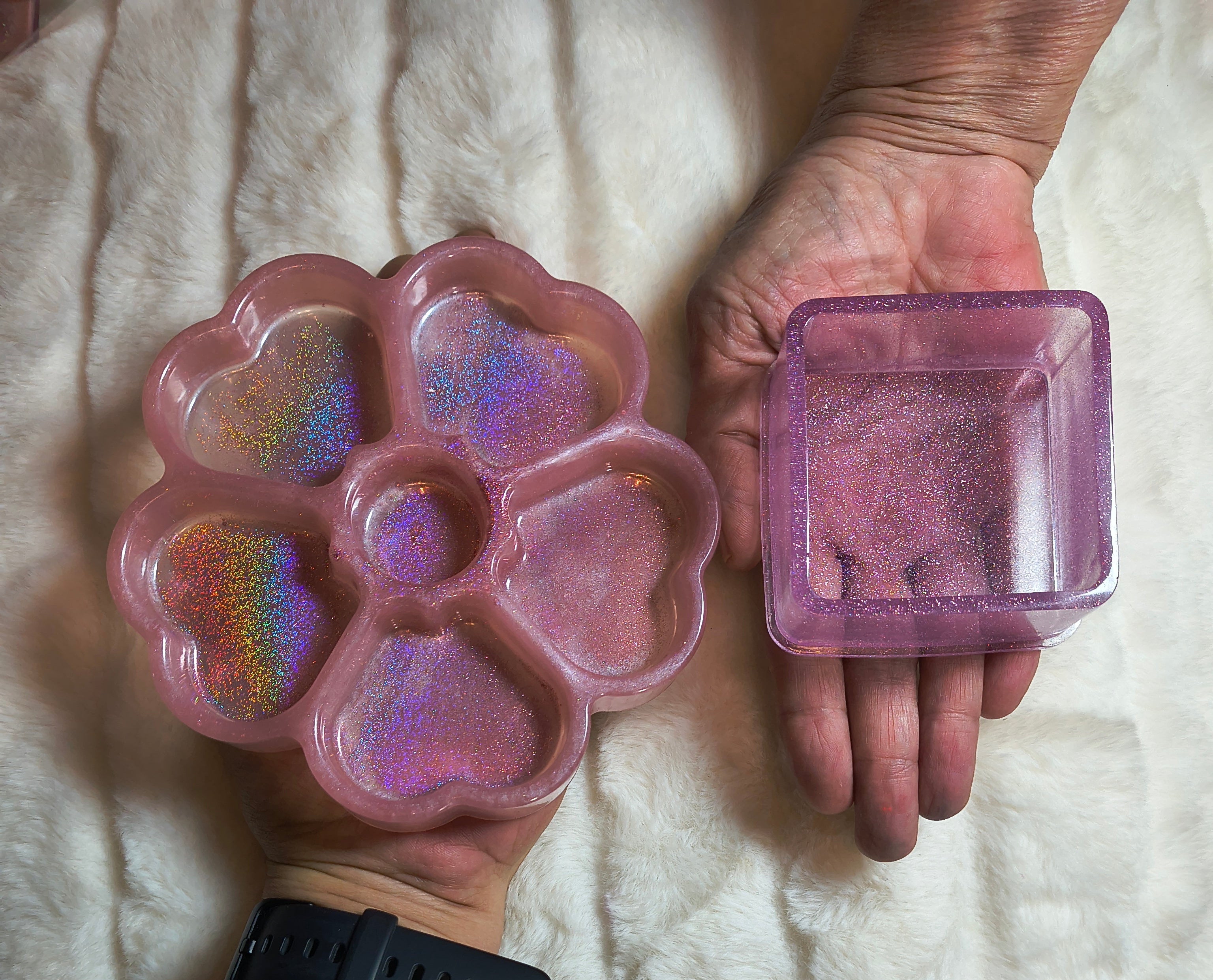 Trinket boxes shimmering in hand to get better idea of size