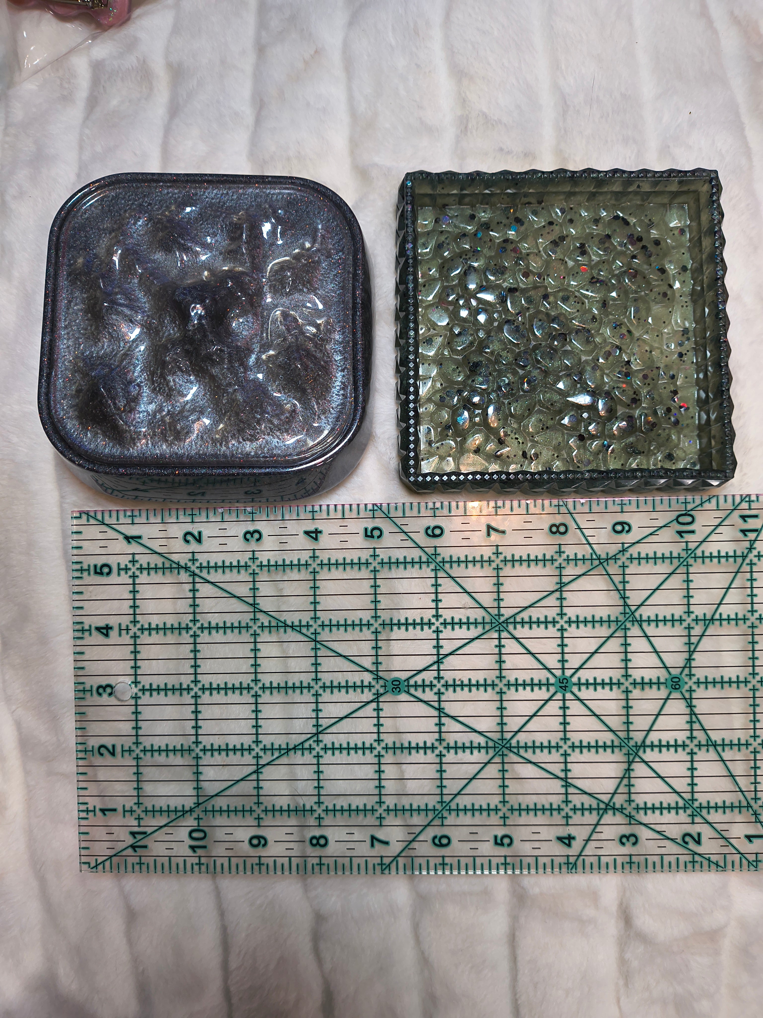 Resin Trinket Holder Set — Lidded Vessel & Tray, Silver & Black Sparkle