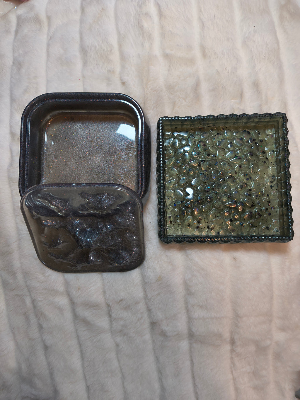 Resin Trinket Holder Set — Lidded Vessel & Tray, Silver & Black Sparkle